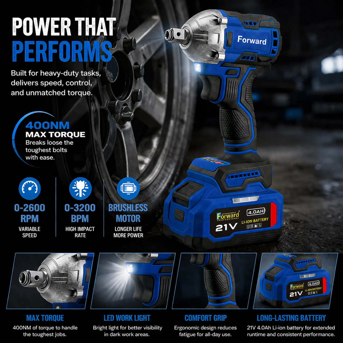 Forward 21V Brushless Impact Wrench 400Nm Cordless Heavy Duty Electric Wrench With Double Battery & Charger